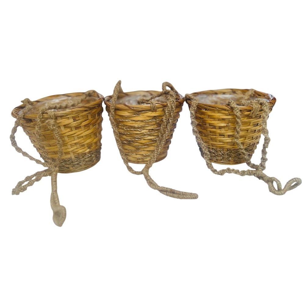 Set of 3 Woven Wicker Hanging Planter Baskets with Rope Handles and Liners 7in